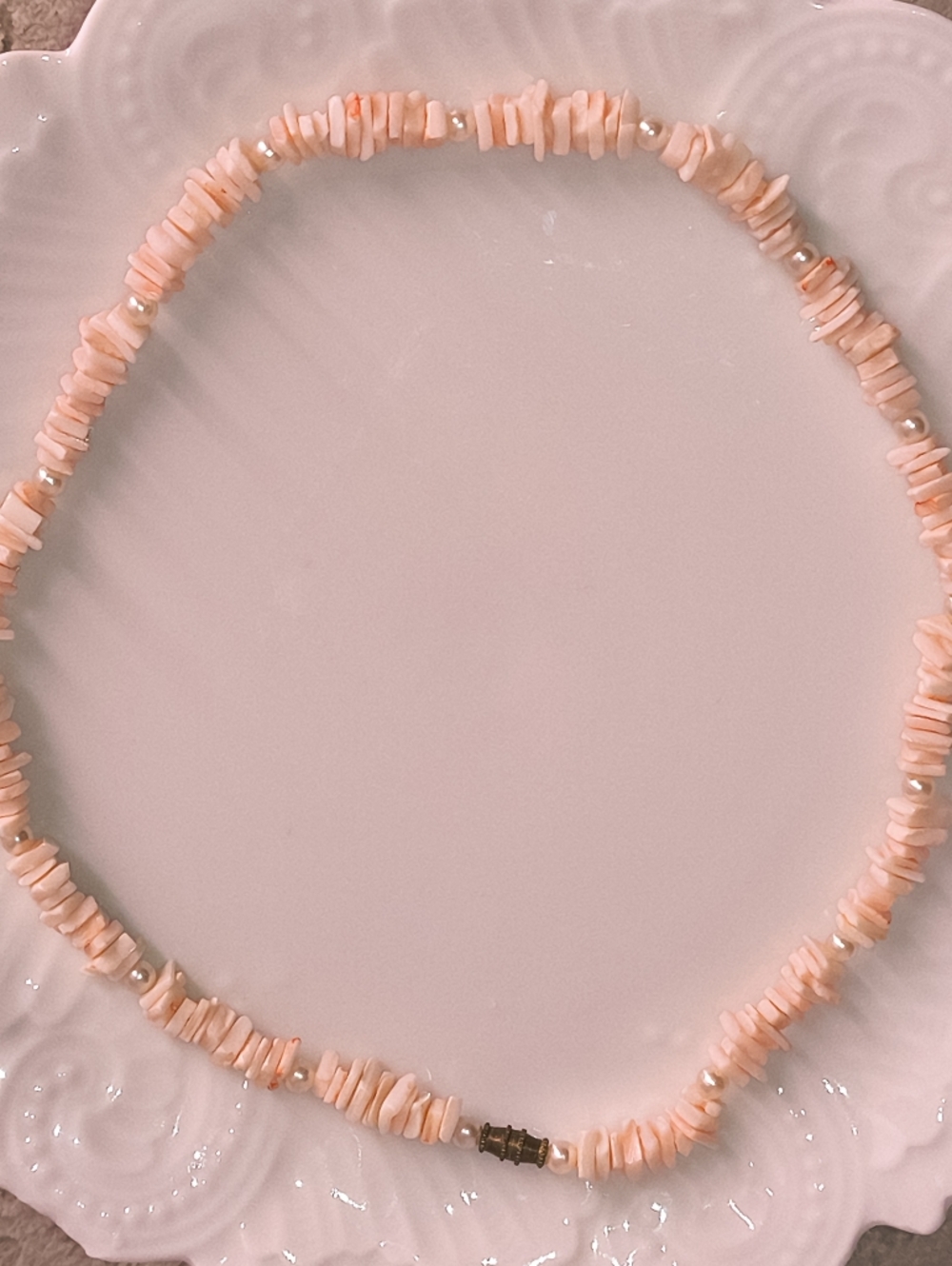 Vintage Light Pink Puka Shell Chip Necklace w Faux Pearl Spacers Barrel Clasp